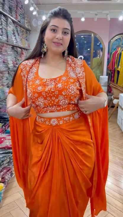 Orange Color Satin Silk Ready to Wear Dhoti Style Lehenga Choli With Shrug