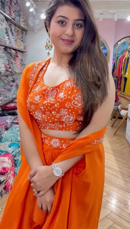 Orange Color Satin Silk Ready to Wear Dhoti Style Lehenga Choli With Shrug