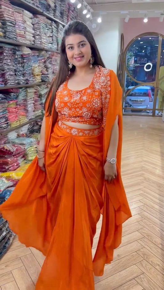 Orange Color Satin Silk Ready to Wear Dhoti Style Lehenga Choli With Shrug