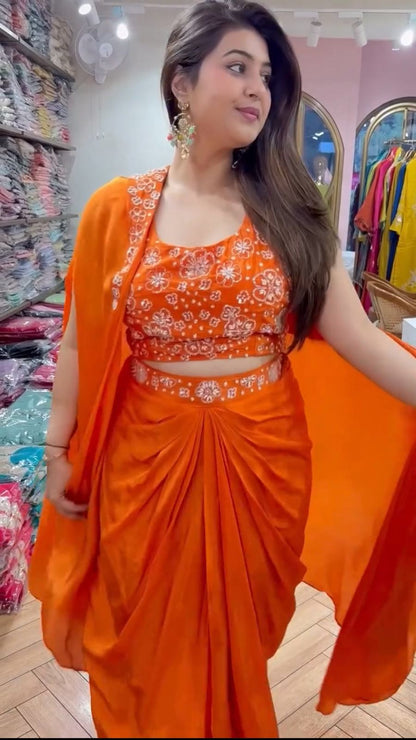 Orange Color Satin Silk Ready to Wear Dhoti Style Lehenga Choli With Shrug