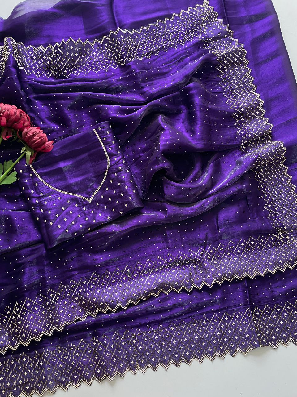 Heavy Jimmy Chu Fabric, Zarkhan & Diamond Embellished Saree, 7 Colors