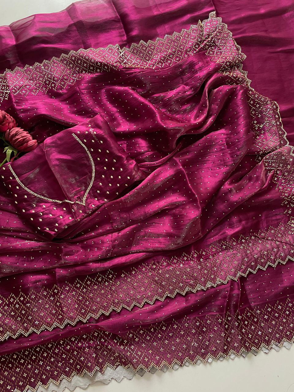 Heavy Jimmy Chu Fabric, Zarkhan & Diamond Embellished Saree, 7 Colors