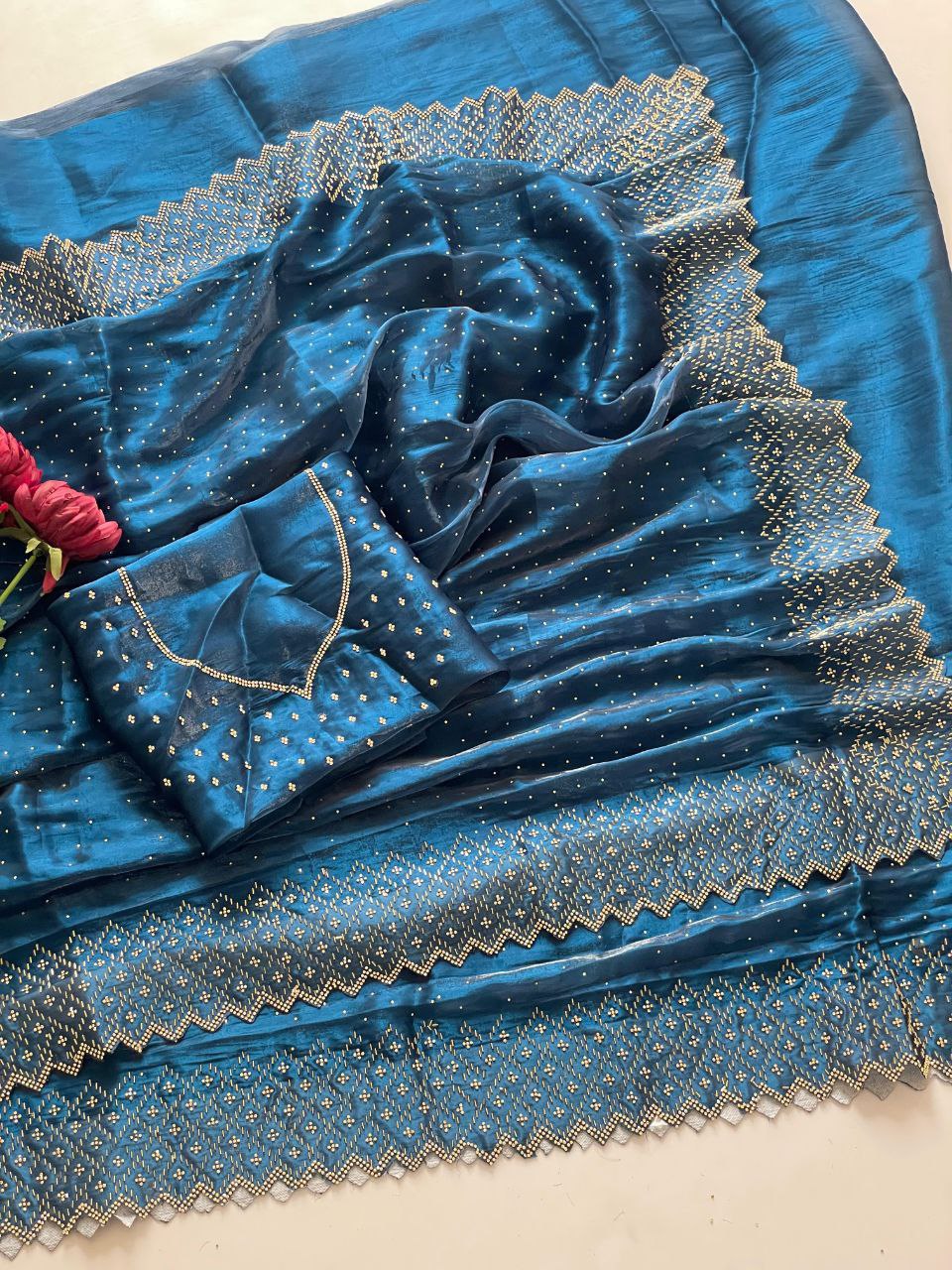 Heavy Jimmy Chu Fabric, Zarkhan & Diamond Embellished Saree, 7 Colors