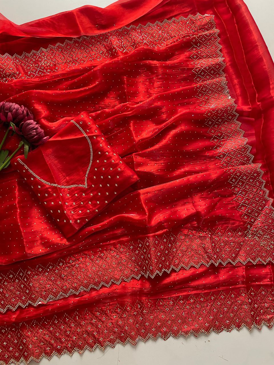 Heavy Jimmy Chu Fabric, Zarkhan & Diamond Embellished Saree, 7 Colors