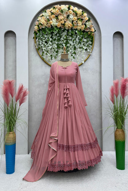 White Color Soft Georgette Full Stitched Gown with Dupatta For Girls