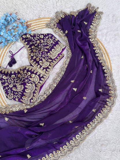 Fandy Satin Silk Cut Work Lace Border Saree With Stitched Blouse