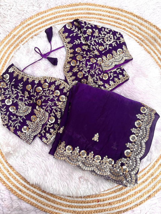 Fandy Satin Silk Cut Work Lace Border Saree With Stitched Blouse
