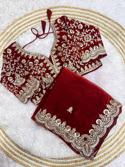 Fandy Satin Silk Cut Work Lace Border Saree With Stitched Blouse