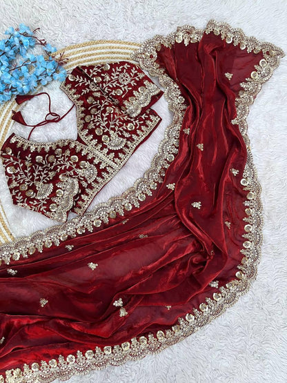 Fandy Satin Silk Cut Work Lace Border Saree With Stitched Blouse