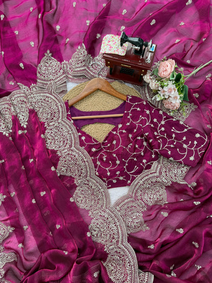 Magenta Purple Fendi Chiffon Heavy Border Work Saree