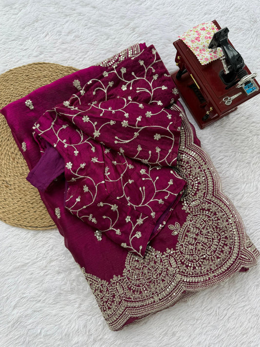 Magenta Purple Fendi Chiffon Heavy Border Work Saree