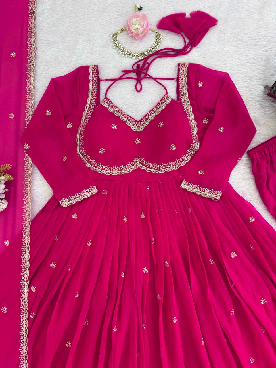 Red Georgette Anarkali Suit Set with 4-Meter Flair Fully Stiched
