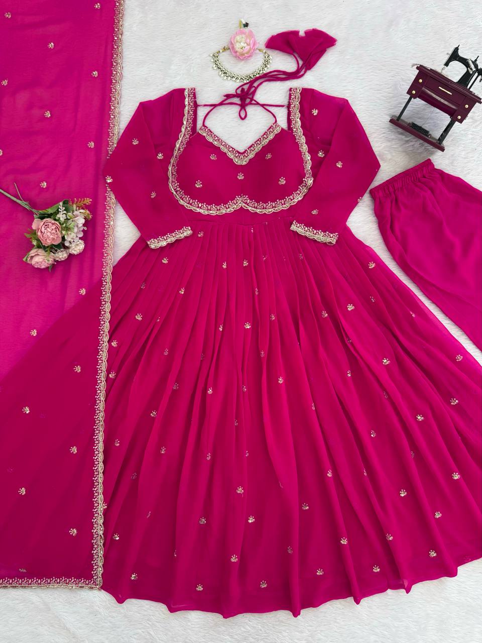 Red Georgette Anarkali Suit Set with 4-Meter Flair Fully Stiched