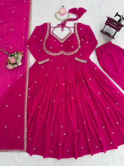 Red Georgette Anarkali Suit Set with 4-Meter Flair Fully Stiched