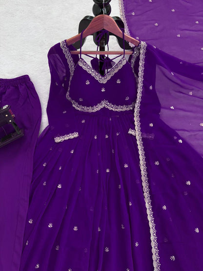 Red Georgette Anarkali Suit Set with 4-Meter Flair Fully Stiched