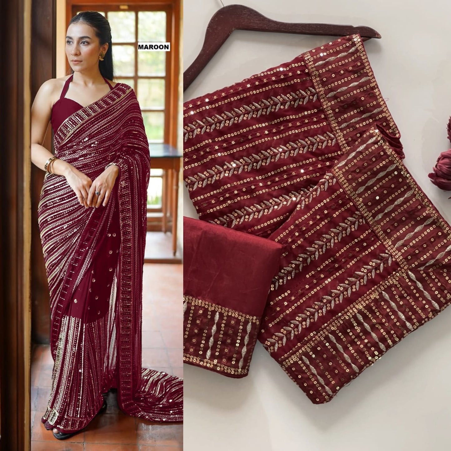 Party Wear Gold Sequence Work Saree Blouse