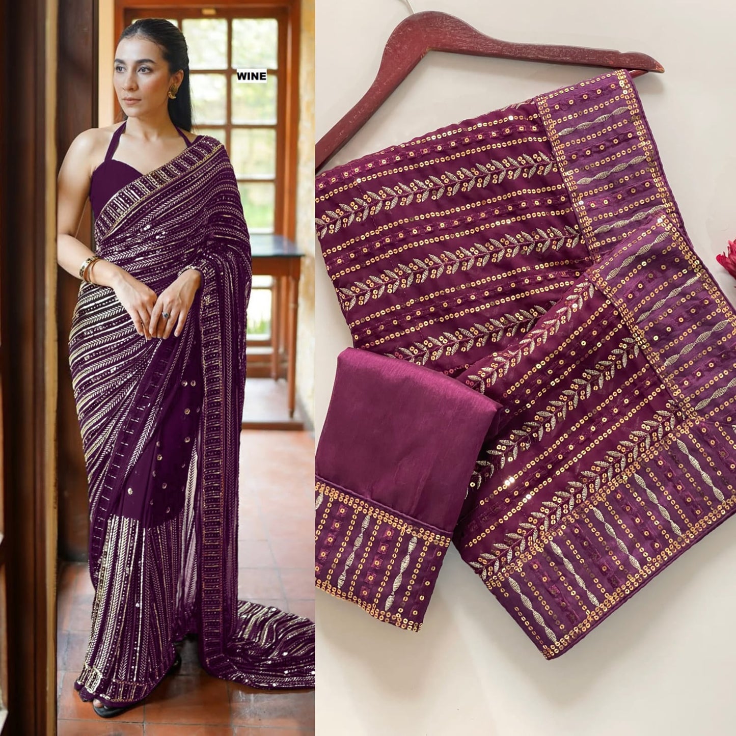 Party Wear Gold Sequence Work Saree Blouse