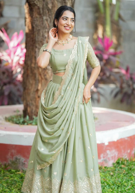 Pista Color Georgette Stitched Choli With Semi Stitched Lehenga