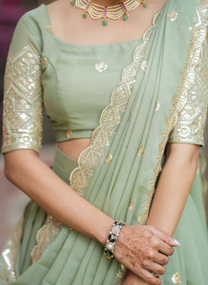 Pista Color Georgette Stitched Choli With Semi Stitched Lehenga