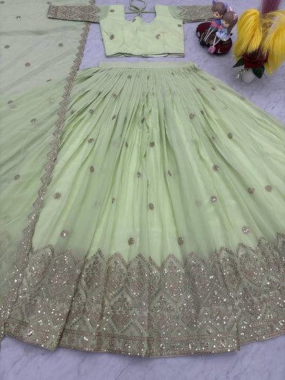 Pista Color Georgette Stitched Choli With Semi Stitched Lehenga
