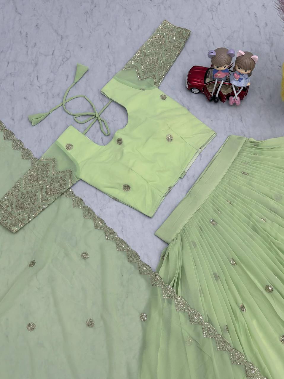 Pista Color Georgette Stitched Choli With Semi Stitched Lehenga