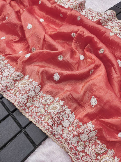 Peach Color Gold Crush Silk Thread Work Saree Blouse