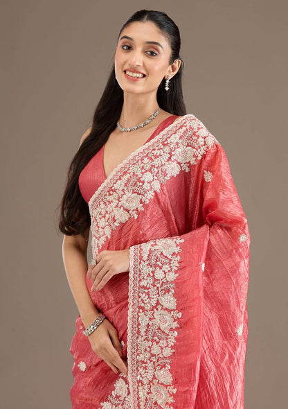 Peach Color Gold Crush Silk Thread Work Saree Blouse