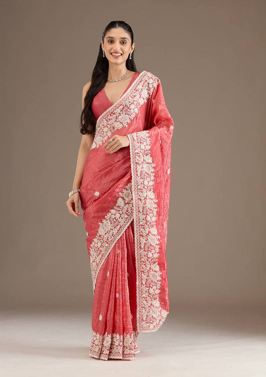 Peach Color Gold Crush Silk Thread Work Saree Blouse