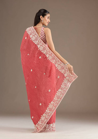 Peach Color Gold Crush Silk Thread Work Saree Blouse