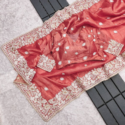 Peach Color Gold Crush Silk Thread Work Saree Blouse