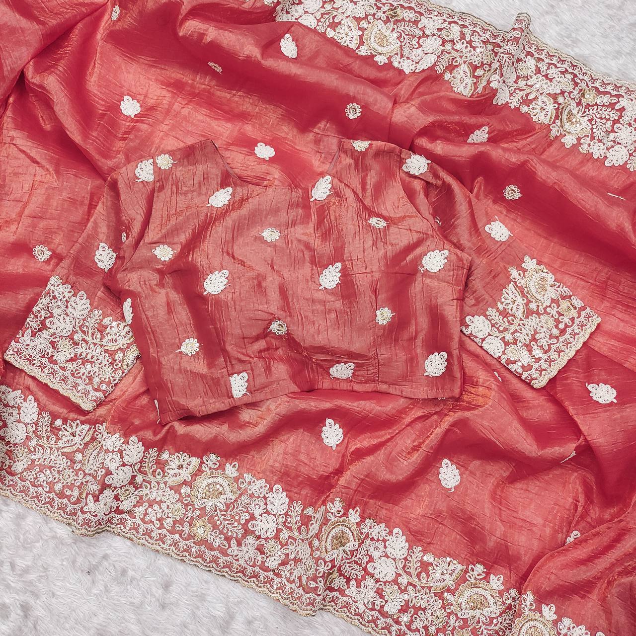 Peach Color Gold Crush Silk Thread Work Saree Blouse