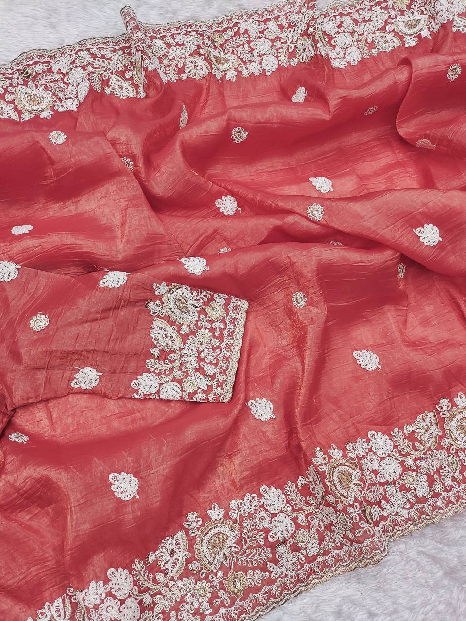 Peach Color Gold Crush Silk Thread Work Saree Blouse