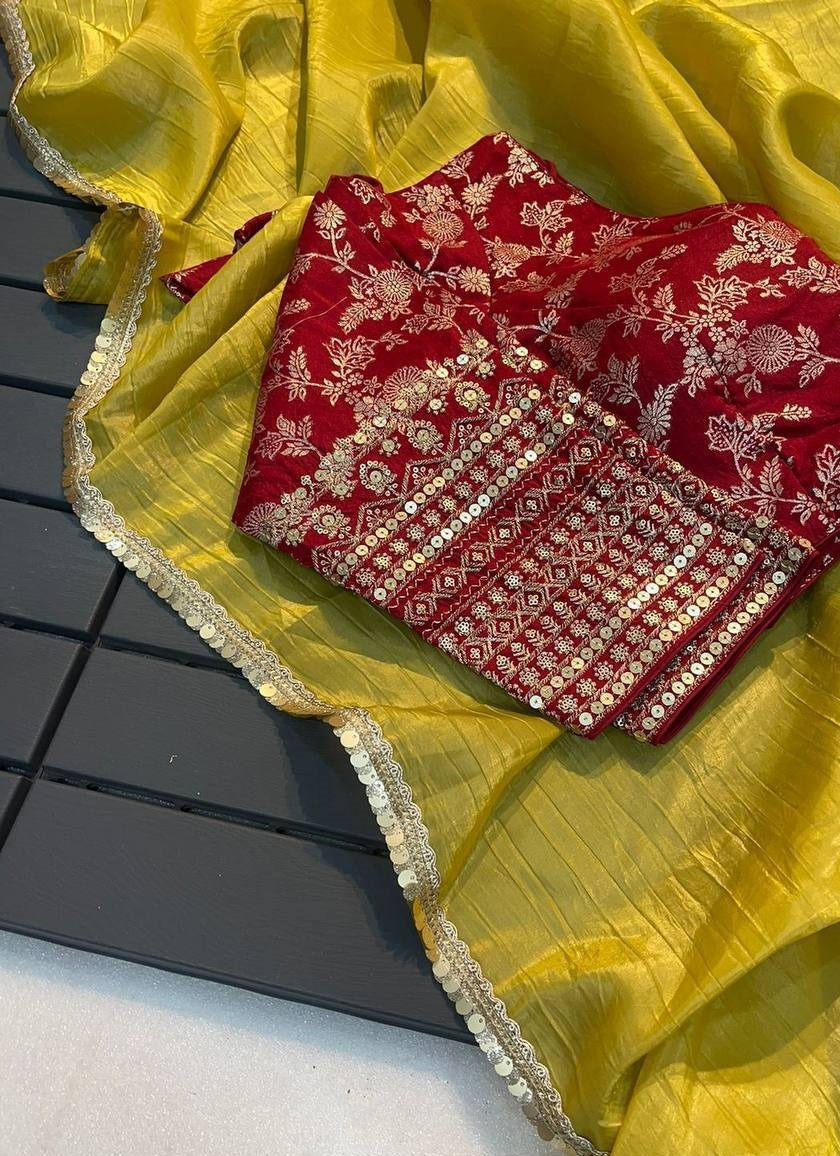 Stitched Work Blouse & Crush Silk Saree With Fancy Lace Border