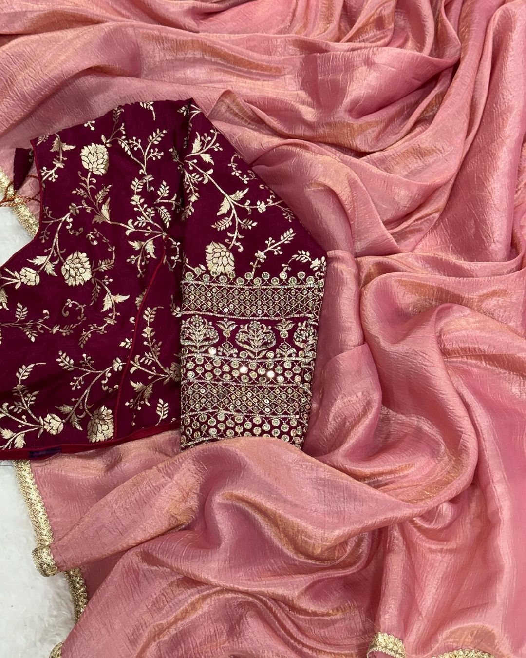 Stitched Work Blouse & Crush Silk Saree With Fancy Lace Border