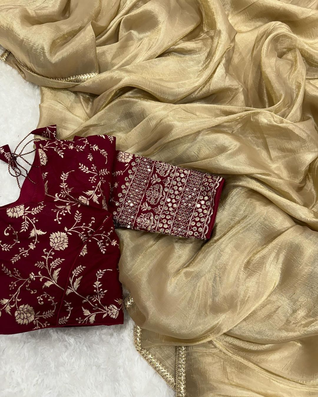 Stitched Work Blouse & Crush Silk Saree With Fancy Lace Border