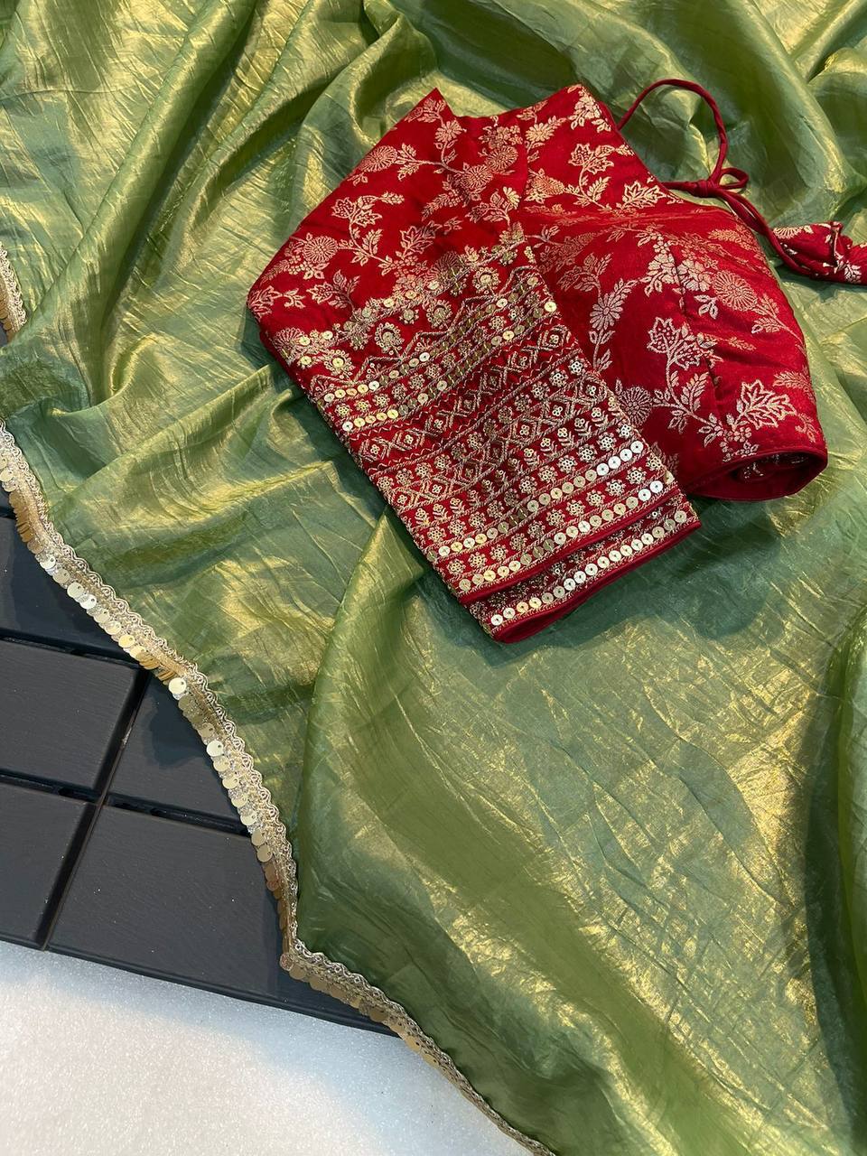 Stitched Work Blouse & Crush Silk Saree With Fancy Lace Border