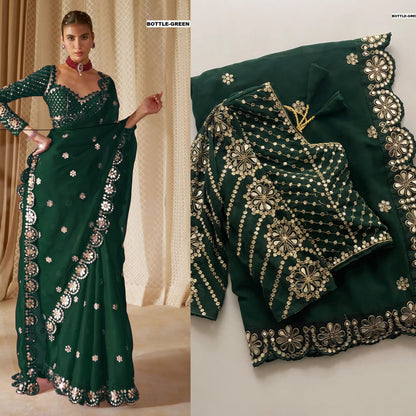 Stitched Blouse With Real Mirror Work Georgette Saree