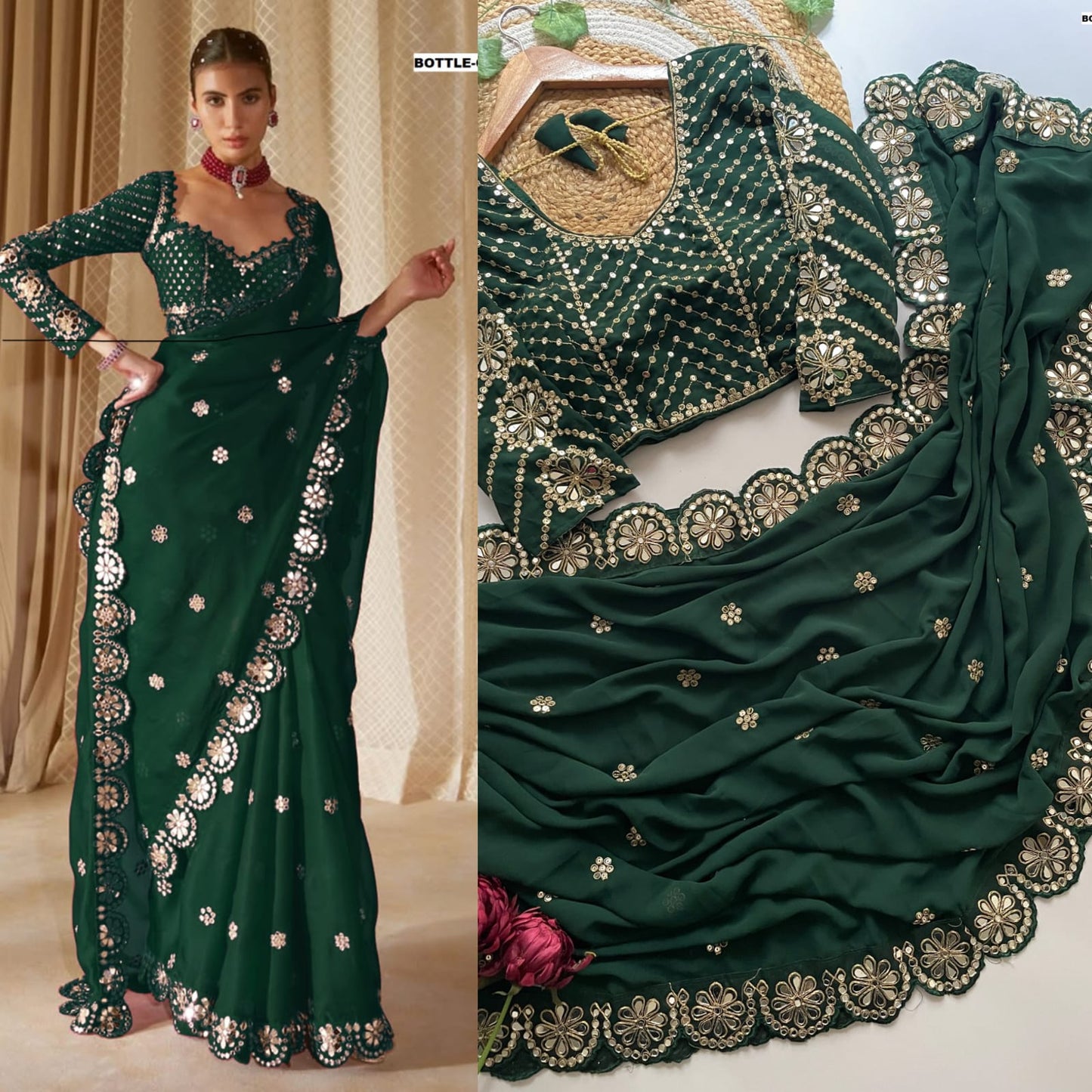 Stitched Blouse With Real Mirror Work Georgette Saree