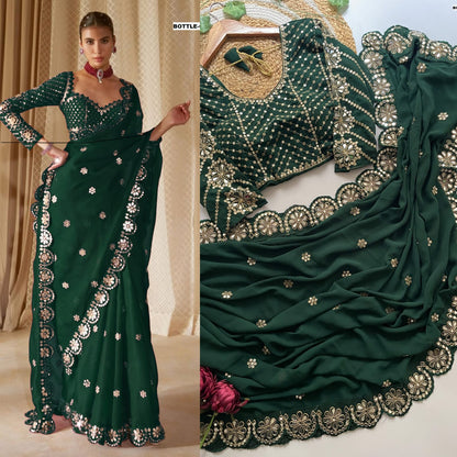 Stitched Blouse With Real Mirror Work Georgette Saree