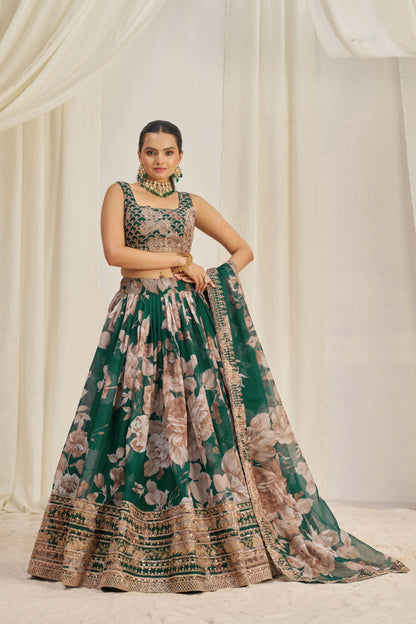 Green Print & Embroidered Organza Silk Lehenga Choli