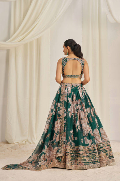 Green Print & Embroidered Organza Silk Lehenga Choli