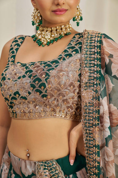 Green Print & Embroidered Organza Silk Lehenga Choli