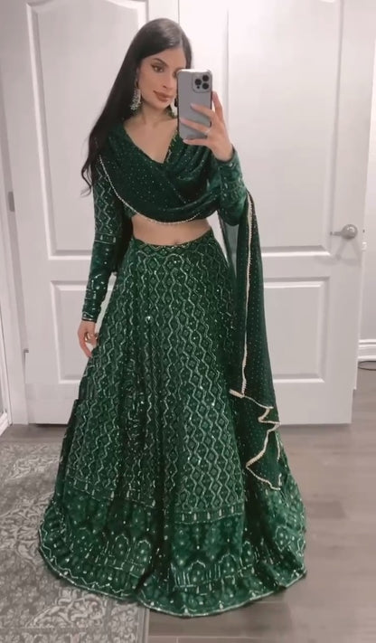 Green Georgette Embroidered Lehenga Choli