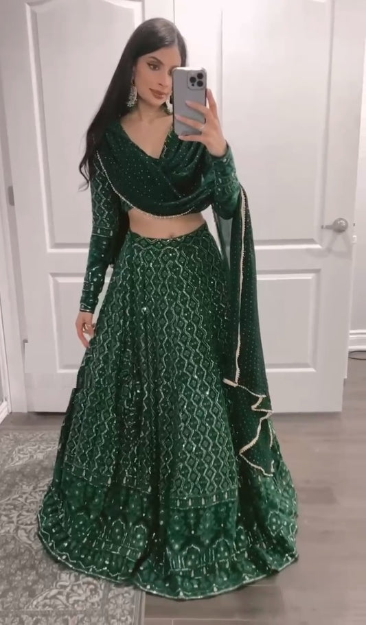 Green Georgette Embroidered Lehenga Choli