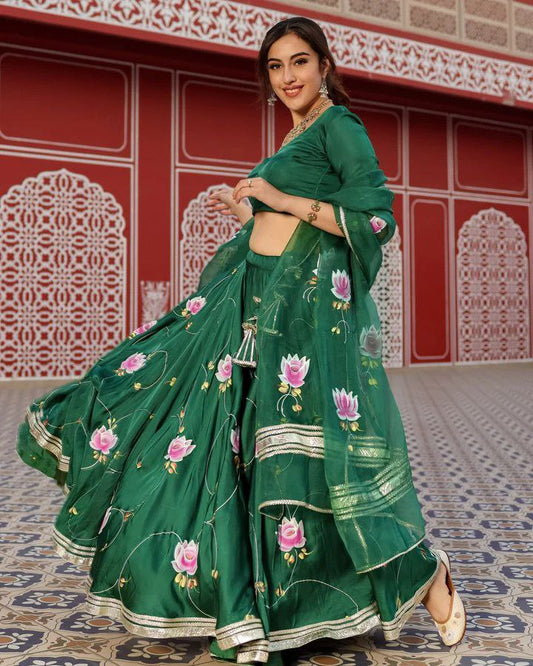 Green Color Satin Silk Print Semi Stitched Lehenga Choli