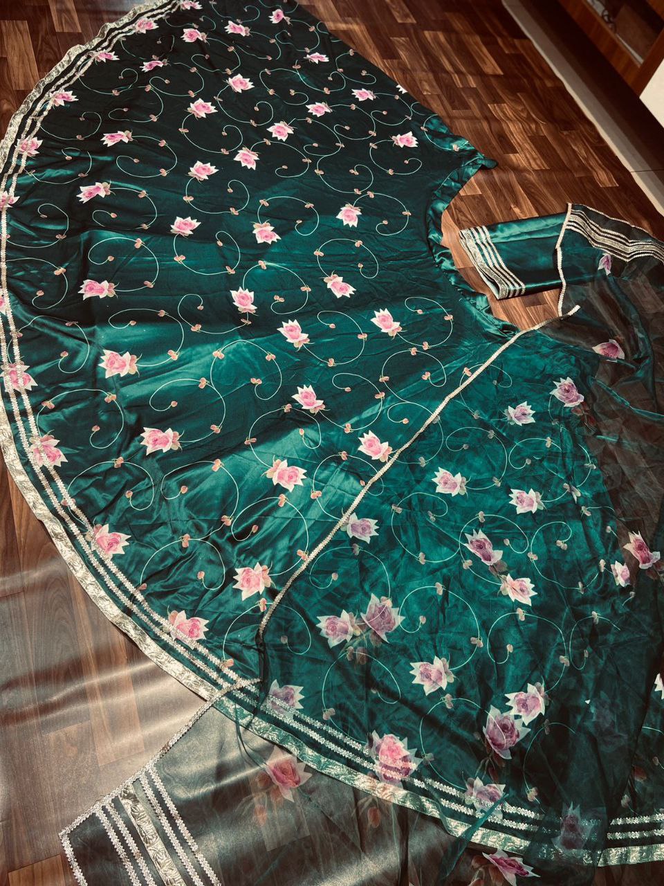 Green Color Satin Silk Print Semi Stitched Lehenga Choli
