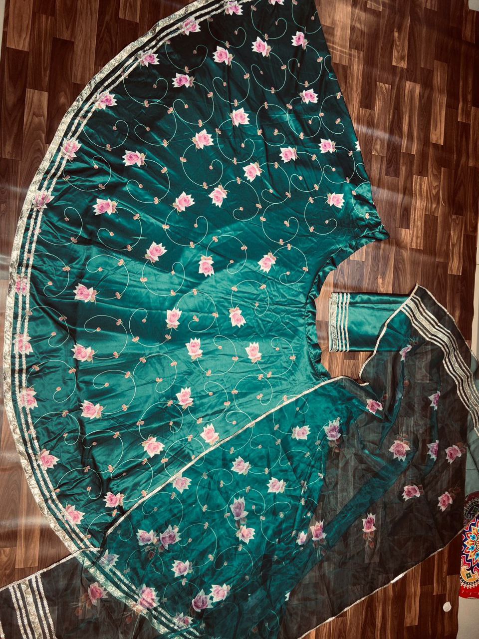Green Color Satin Silk Print Semi Stitched Lehenga Choli