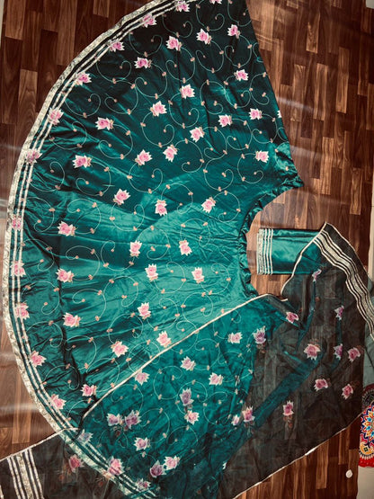 Green Color Satin Silk Print Semi Stitched Lehenga Choli