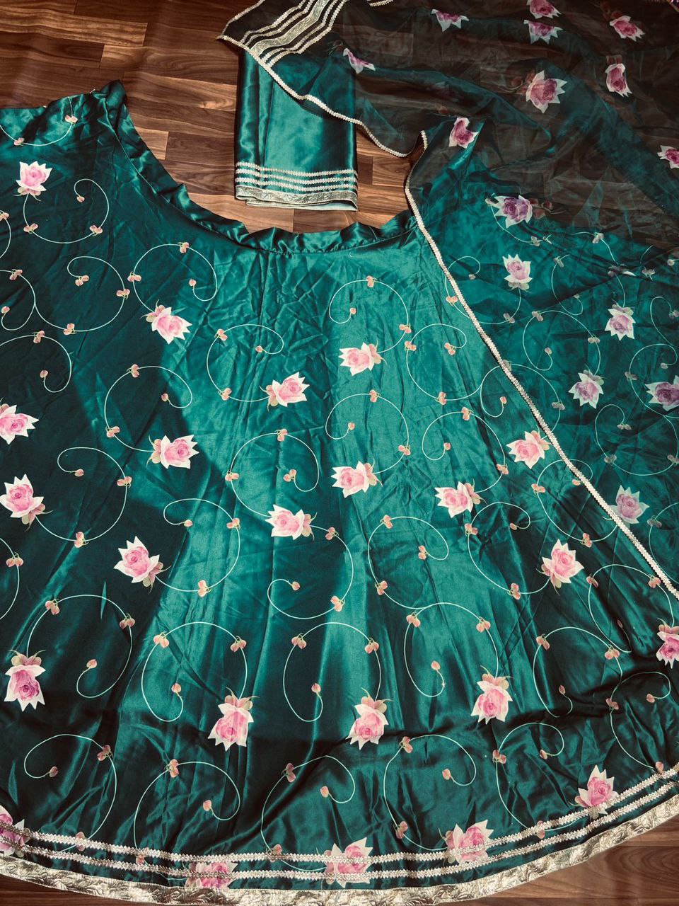 Green Color Satin Silk Print Semi Stitched Lehenga Choli