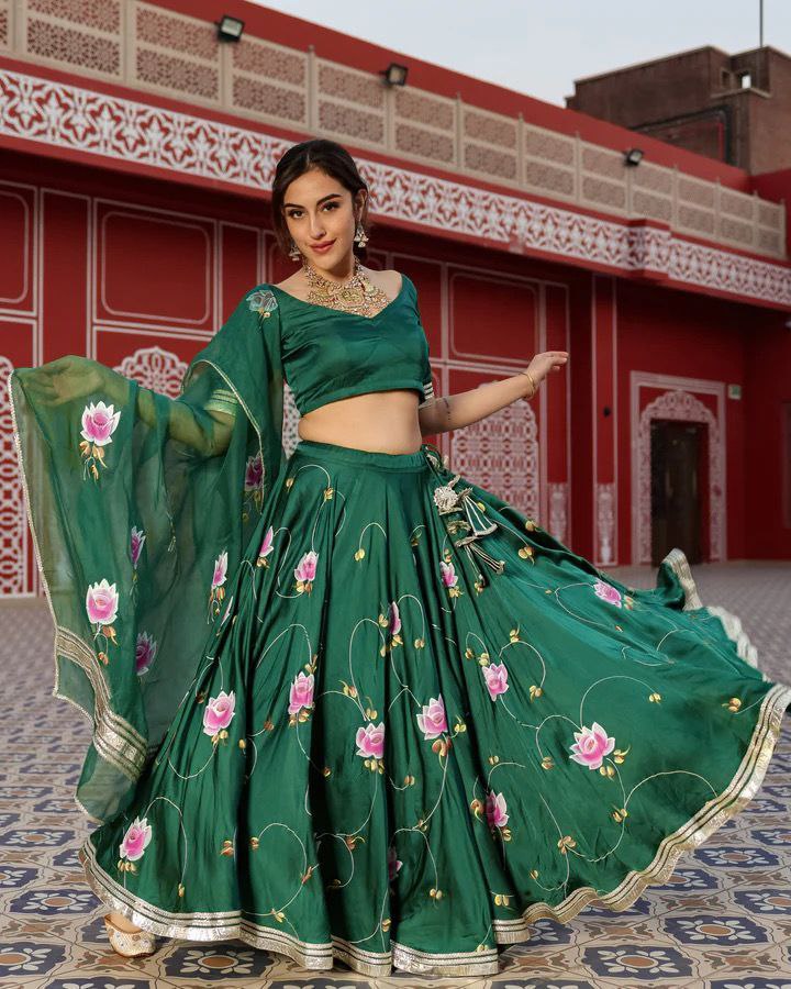 Green Color Satin Silk Print Semi Stitched Lehenga Choli
